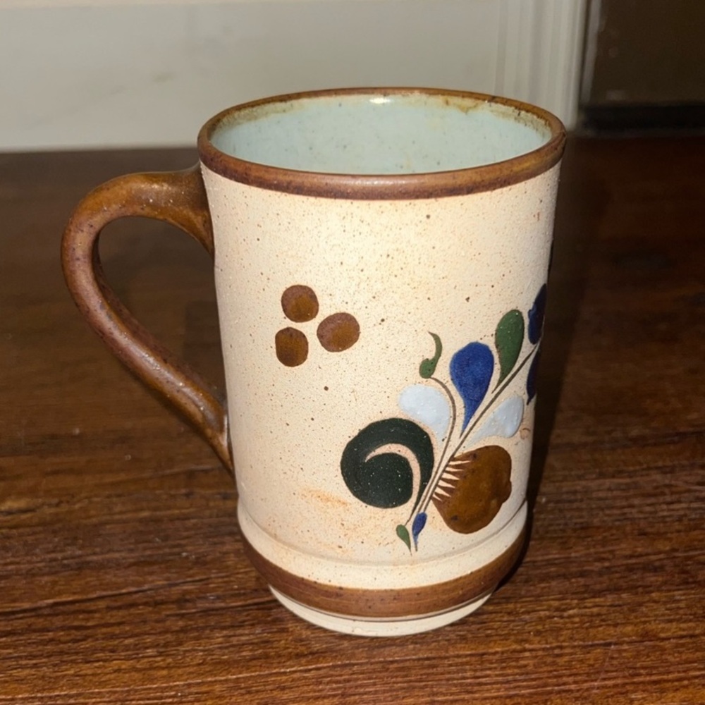 Vintage Mexican Tonala Pottery Folk Art Stoneware Mug with Floral Design